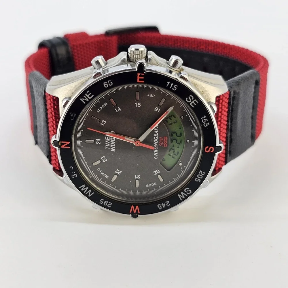 VTG Timex Analog Digital Men's Watch 40MM Brown Dial New Red Bands New Battery